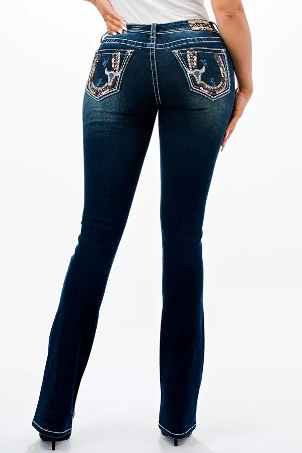 Grace in LA Horseshoe Cowhead PocketBootcut Jeans