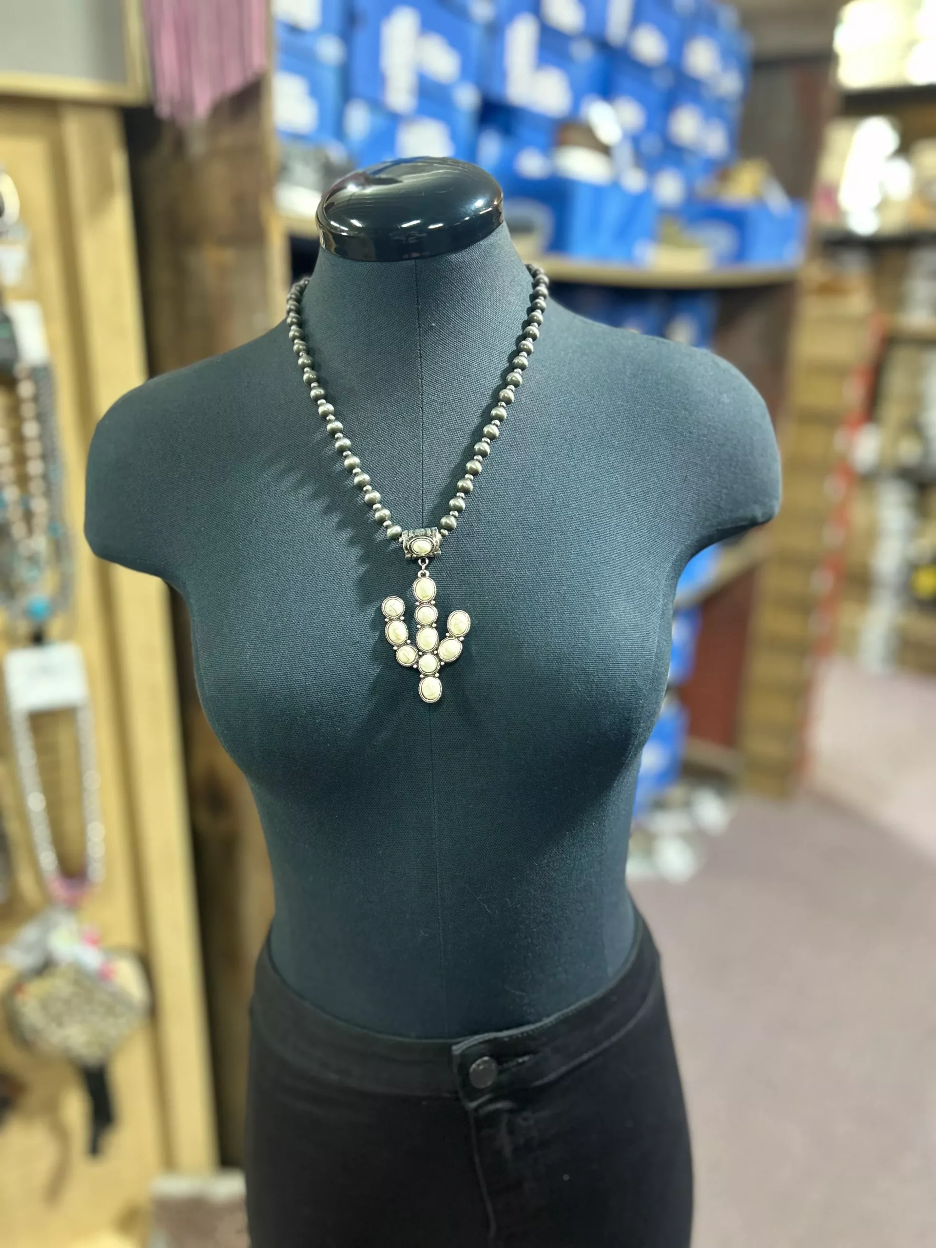 Gray Beaded Necklace with White Buffalo Cactus Pendant
