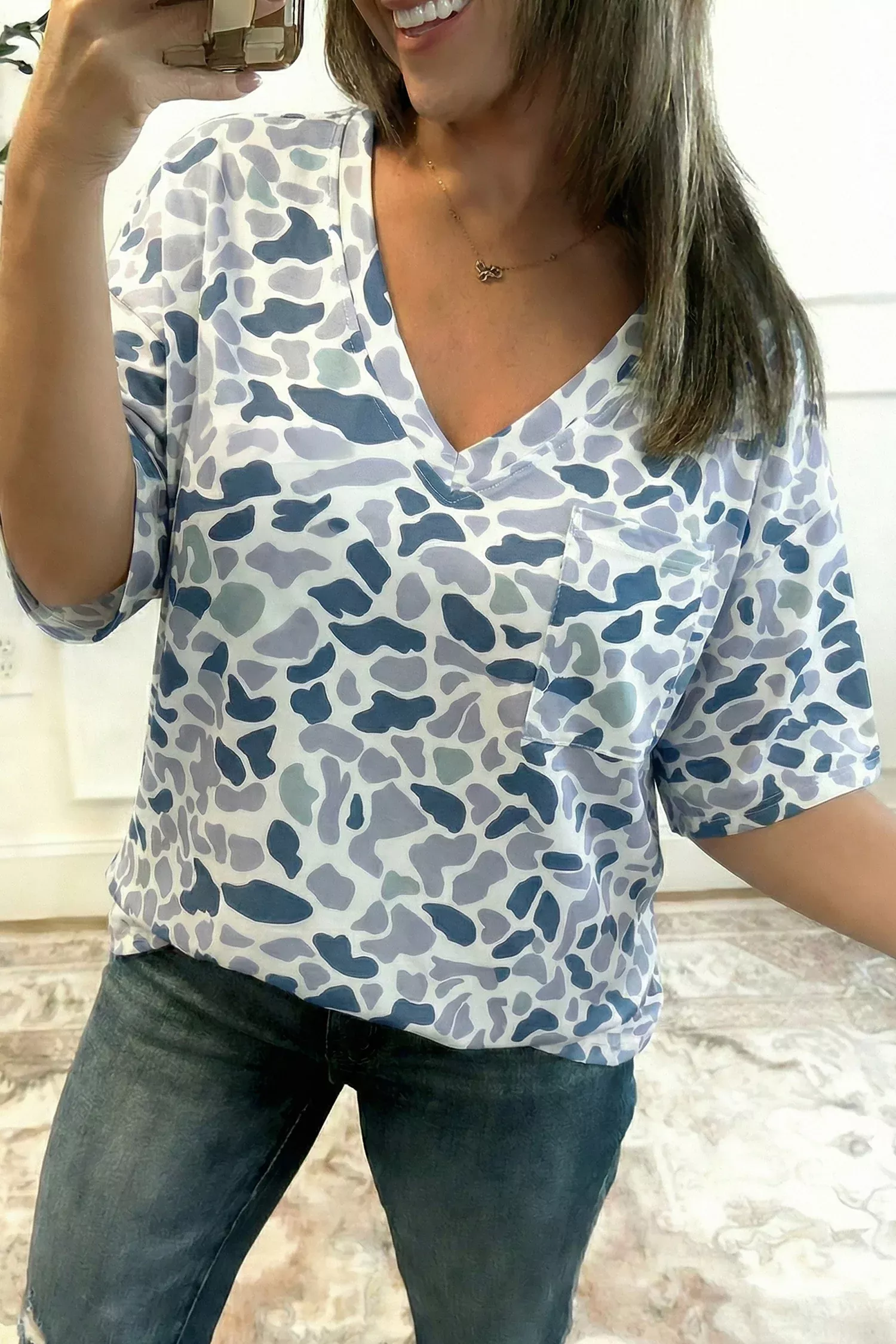 Gray Camouflage Print Single Chest Pocket V Neck Tee