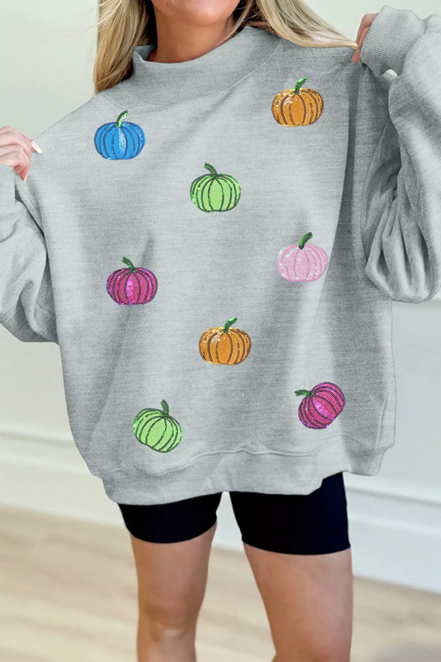 Gray Sequin Pumpkin Patch Mock Neck Baggy Sweatshirt
