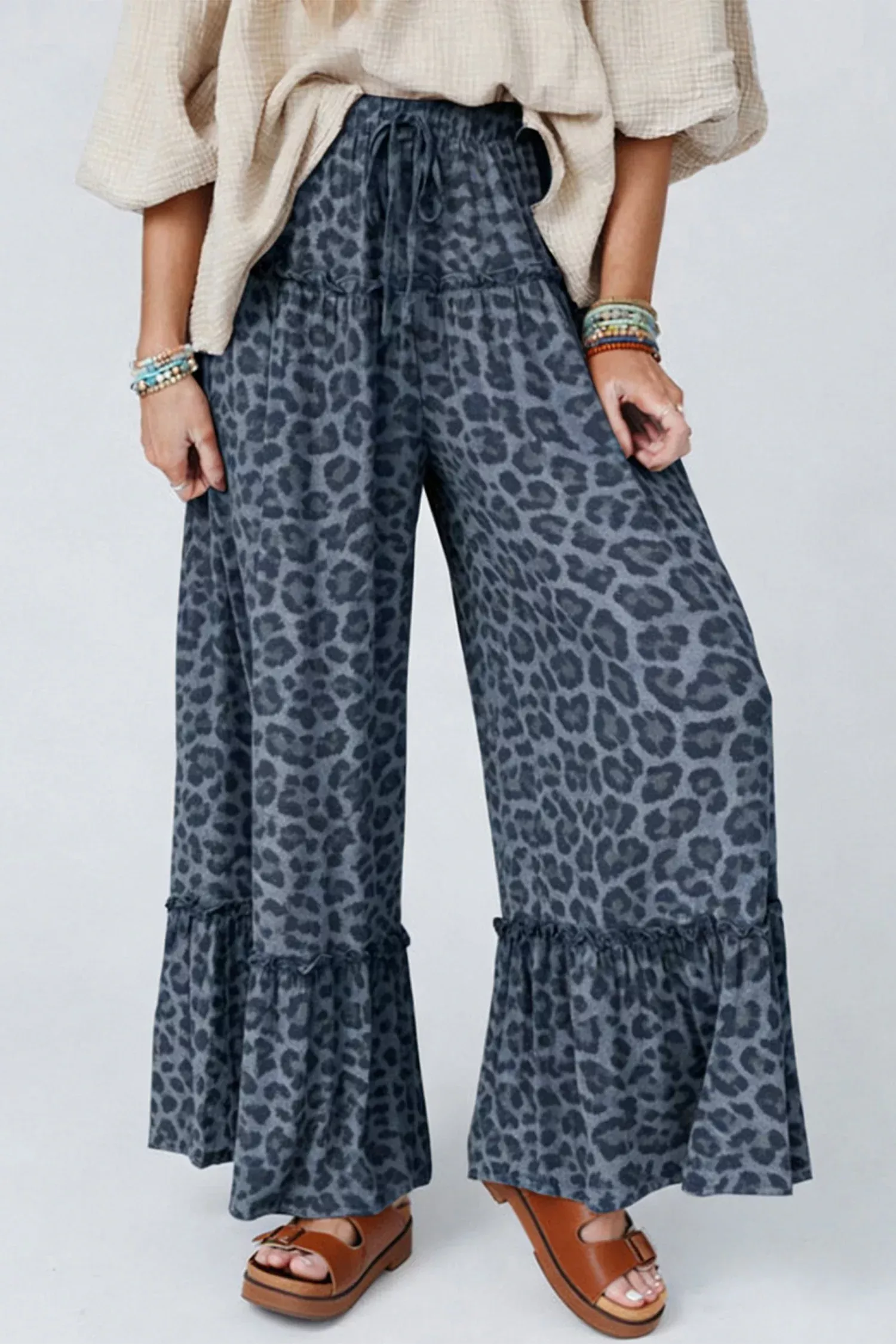 Gray Wild Leopard Print Frilled Detail Drawstring Wide Leg Pants