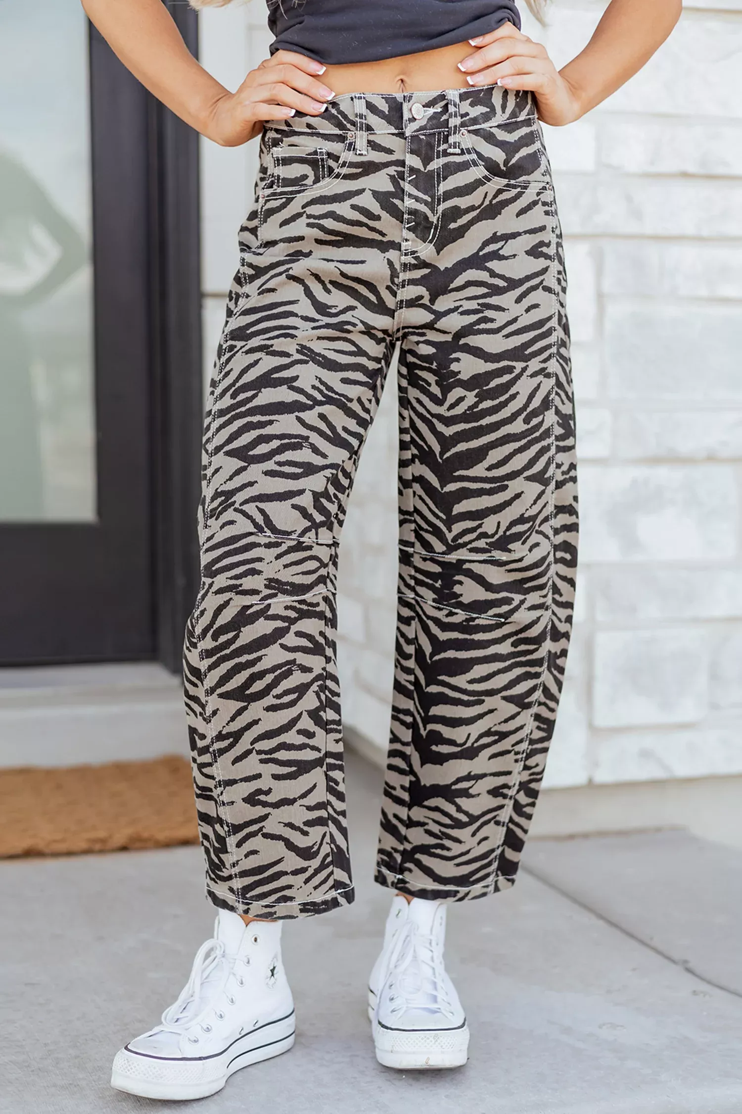 Gray Zebra Stripe Printed Wide Leg Barrel Jeans