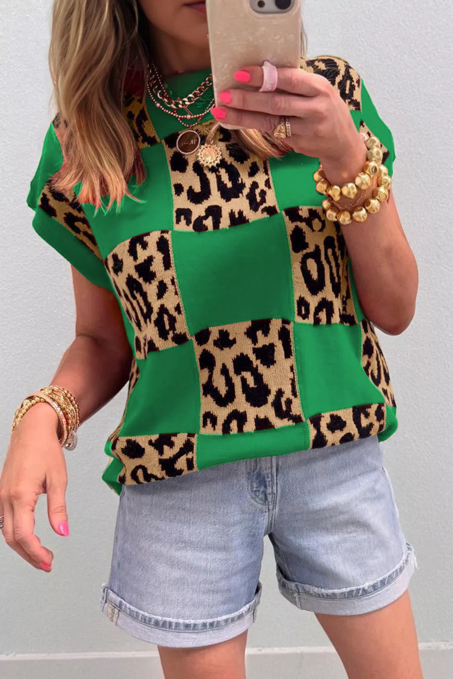 Green Leopard Checkerboard Short Sleeve Knit Sweater