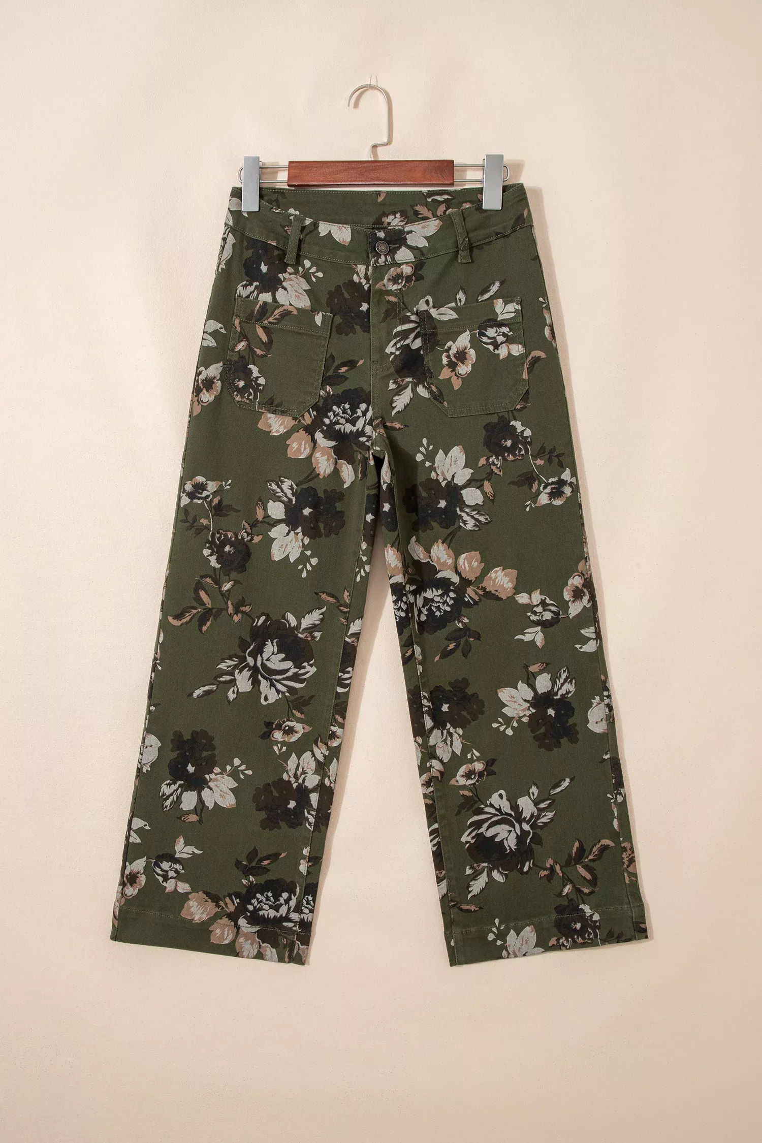 Green Vintage Floral Print Square Patch Pocket Raw Hem Shift Jeans