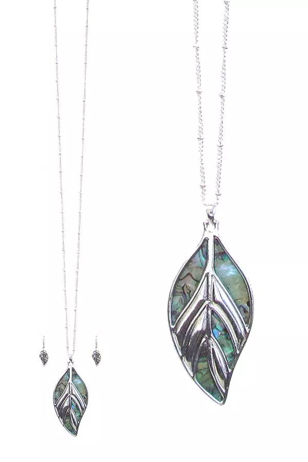 ( H002 )ABALONE LEAF PENDANT LONG NECKLACE SET
