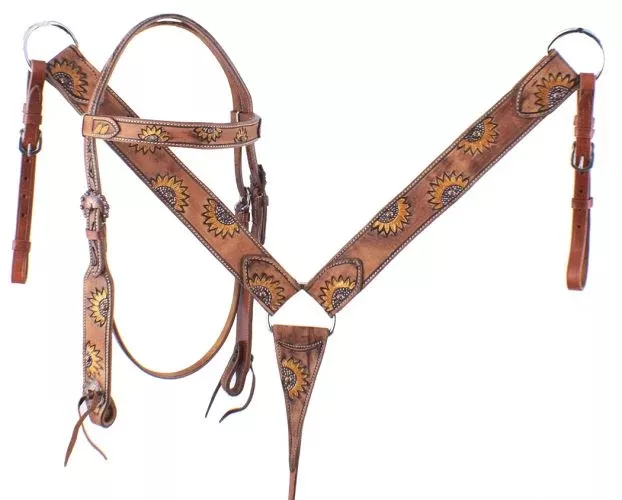 HAND PAINTED SUNFLOWER BROWBAND HEADSTALL AND BREAST COLLAR SET