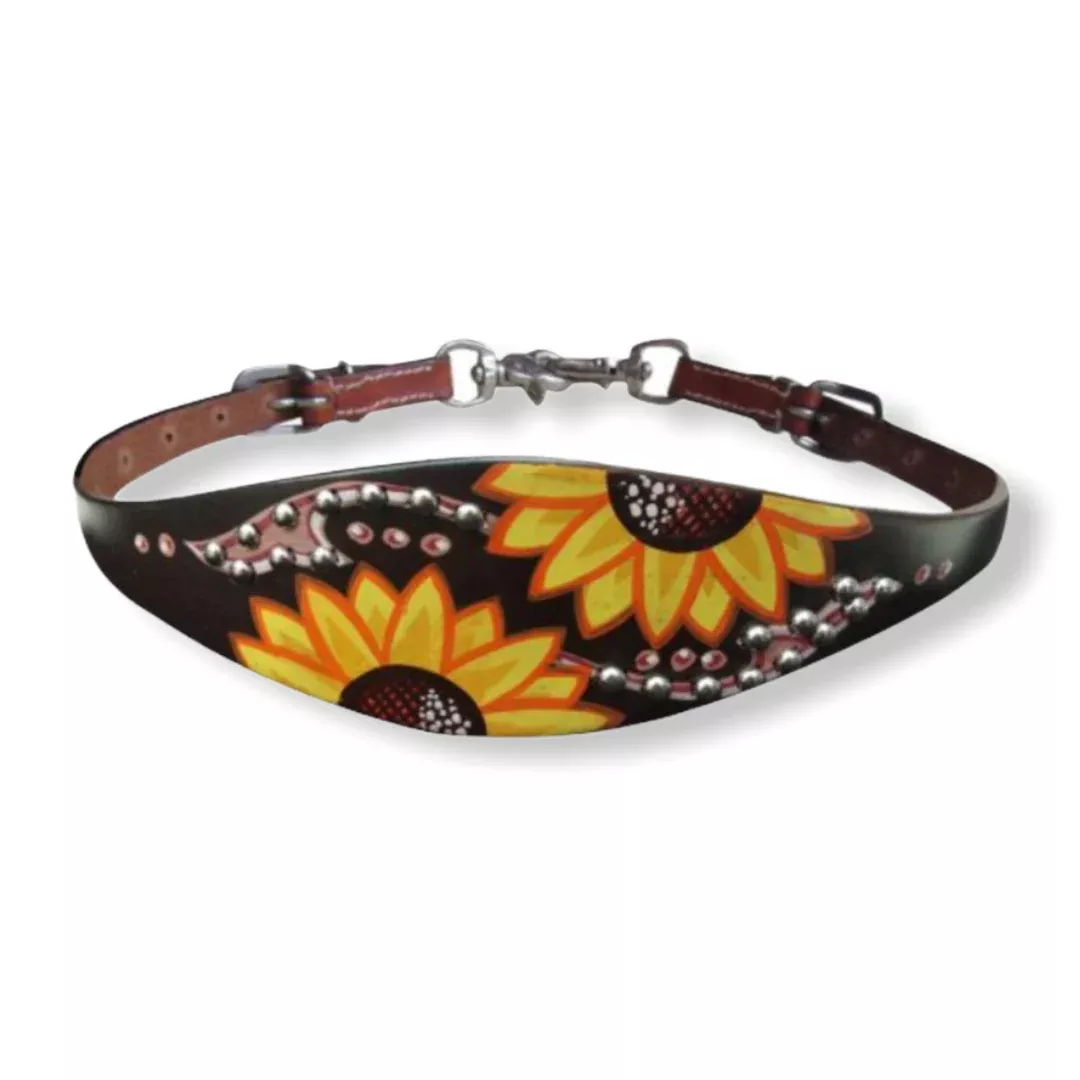Hand painted wither strap with a sunflower and brown script design