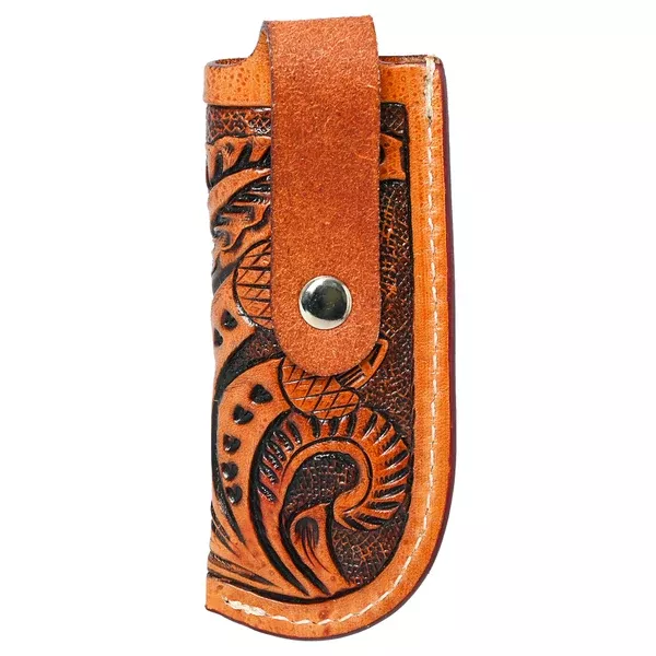 Hilason Folding Knife Sheath Floral Hand Tooled Genuine Leather Brown