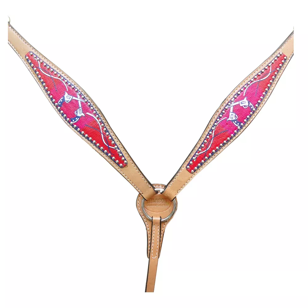 HILASON Western Horse Genuine American Leather Headstall & Breast Collar Set Red Cross Gun Printed