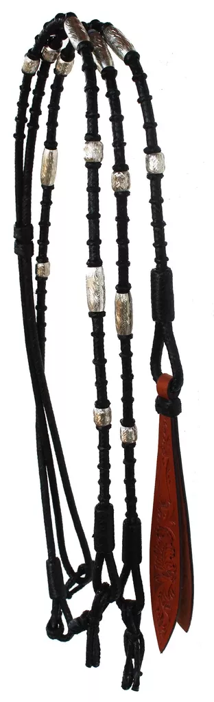 Horse Braided Leather Rawhide Romal Reins Silver Black Tack 6653