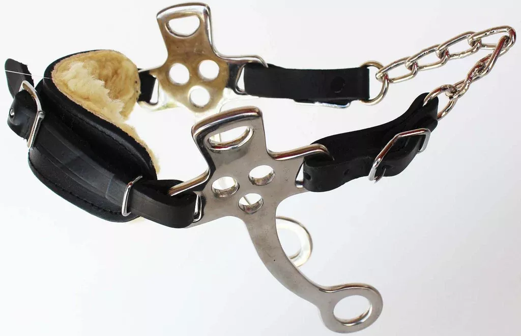 Horse Fleece Lined Adjustable Leather Bitless Bridle Curb Strap Hackamore - Cob 35H31