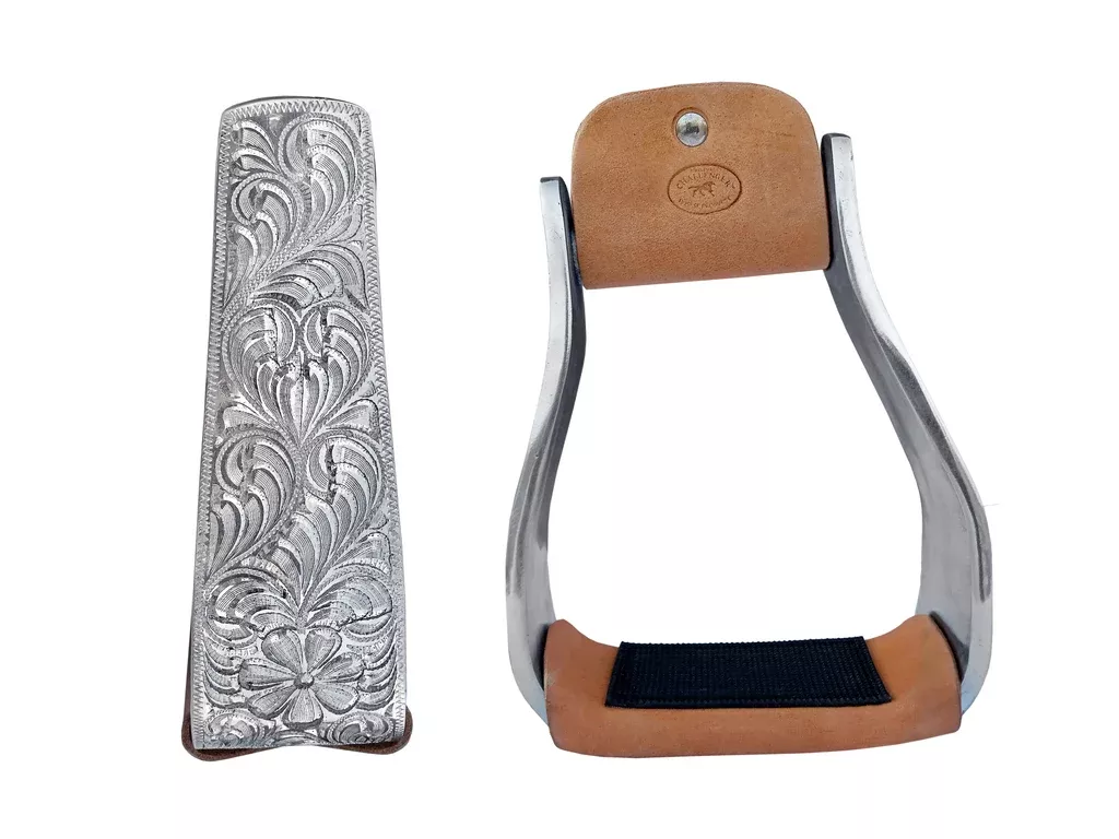 Horse Saddle Angled Offset Stirrups Engraved Aluminum Western Leather 51194