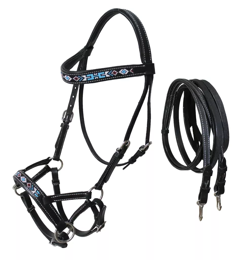 Horse Western Black Leather Bitless Sidepull Beaded Bridle Reins 77RT12BK-F