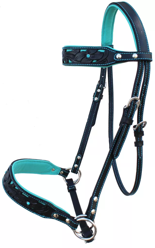 Horse Western Leather Floral Tooled Bitless Sidepull Bridle Reins 77RS34