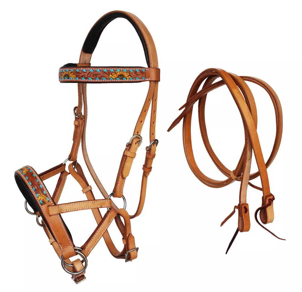 Horse Western Leather Sunflower Bitless Sidepull Bridle Reins Hackamore 77RS27