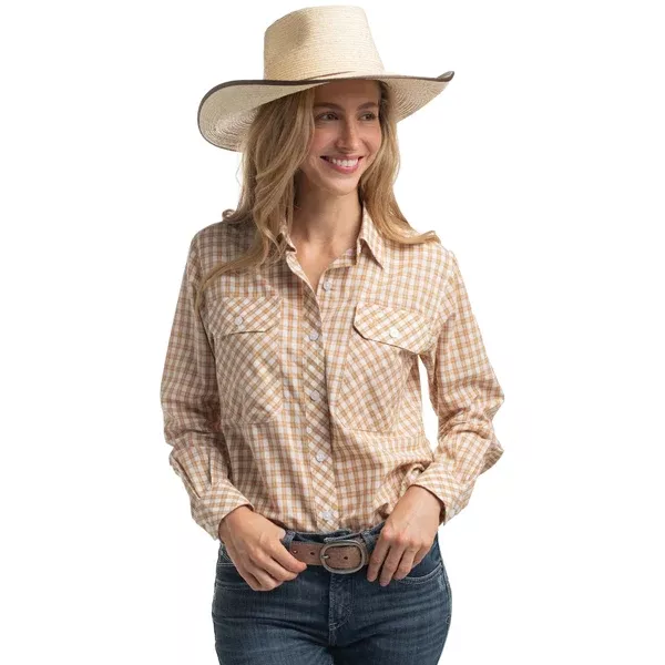 Just Country Womens Abbey Workshirt | Full Button | Mustard / White Check