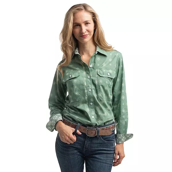 JUST COUNTRY WOMENS ABBEY WORKSHIRT | FULL BUTTON PRINT | EUCALYPTUS/WHITE