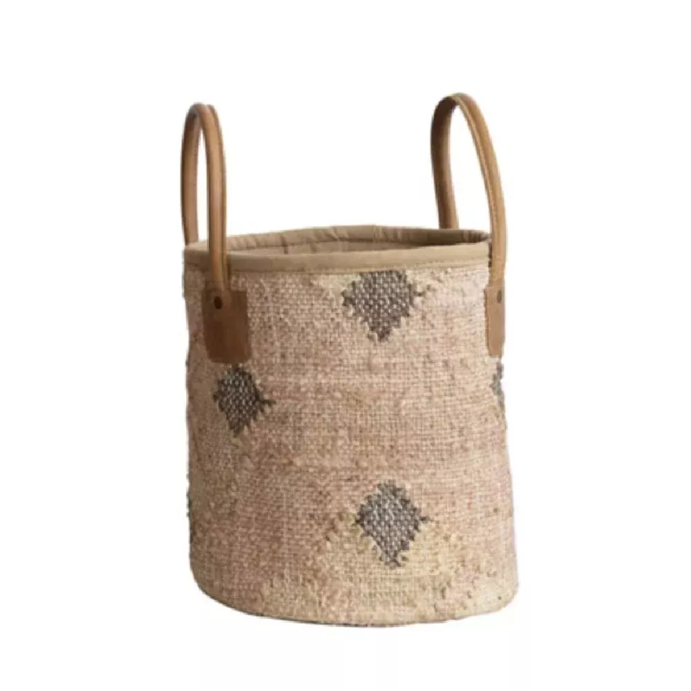 Jute & Cotton Kilim Baskets w/ Leather Handles - Small