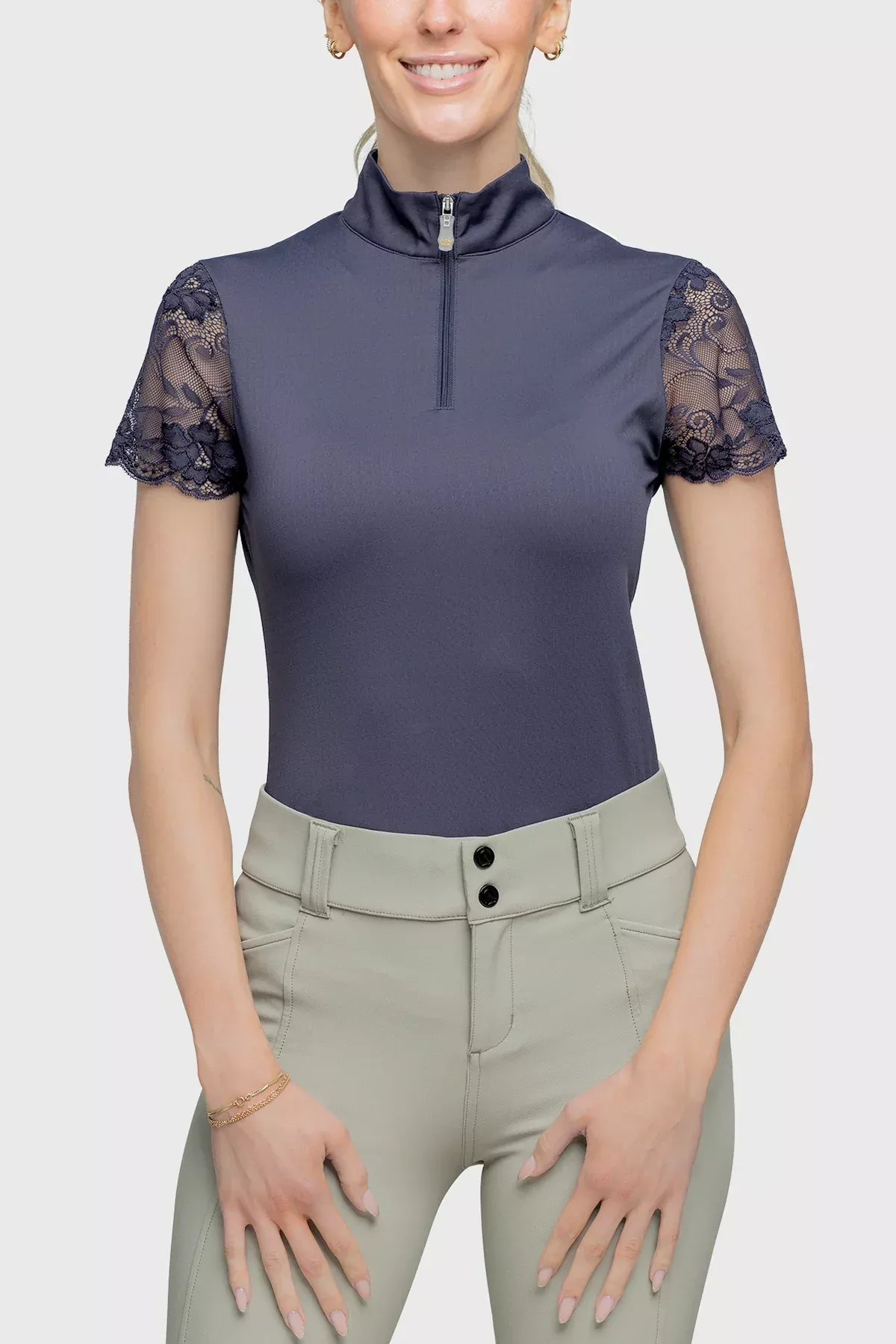 Kastel Cap Sleeve Navy Galoon Lace 1/4 Zip Lace