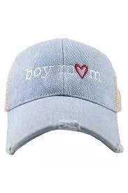 KatyDid - Boy Mom (Red Heart) Denim Trucker Hat - Denim Blue