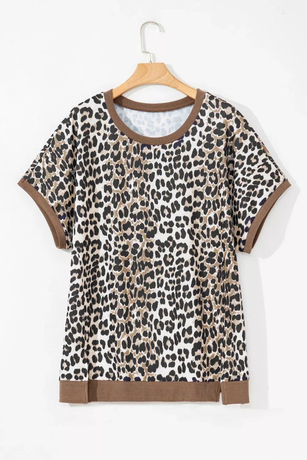 Khaki Leopard Contrast Trim Short Sleeve Loose Plus Size Top