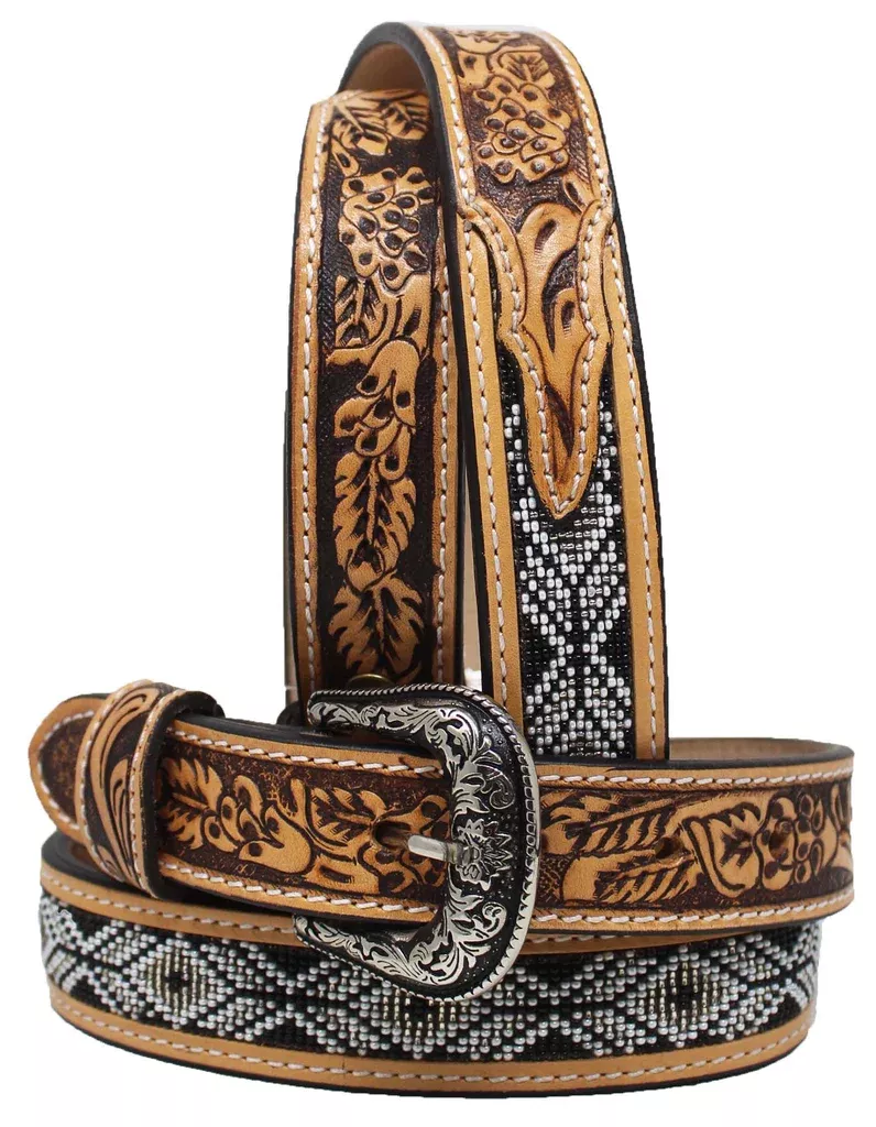 Kids Western 1-1/4" Beaded Floral Tooled Full-Grain Leather Belt 26RT28C