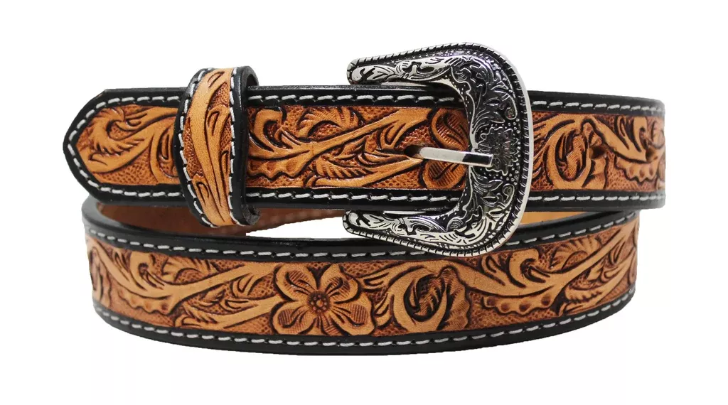 Kids Western 1-1/4" Floral Inlay Full-Grain Leather BeltRSFloralTooledC