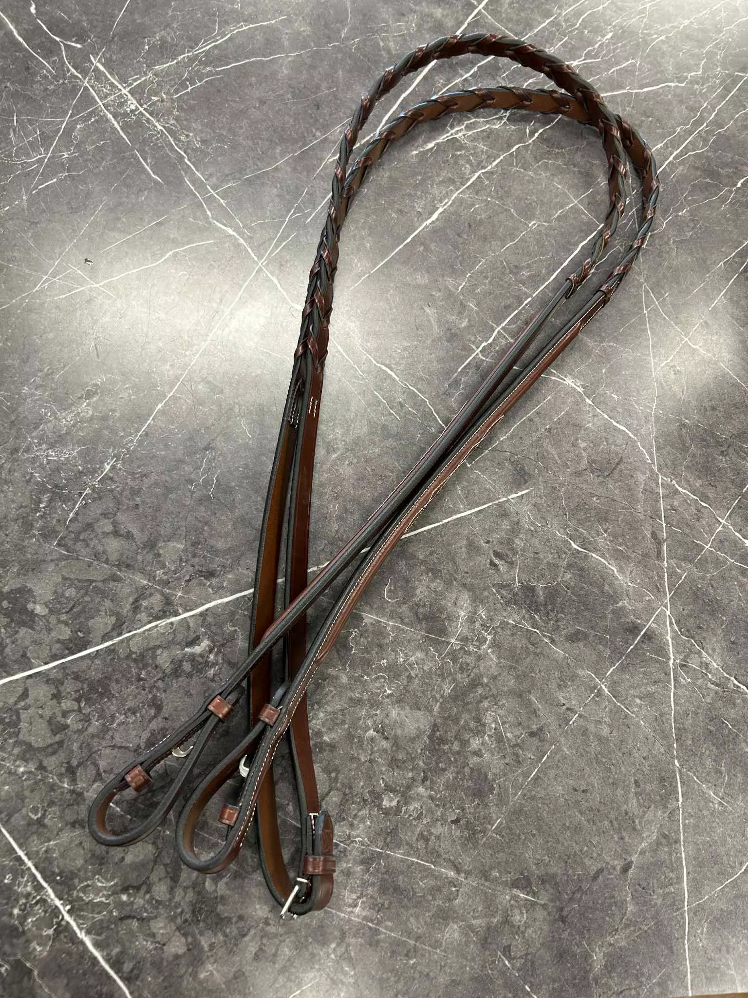 KL Select Fancy Stitch Braided Reins - Full Size - Brown - USED