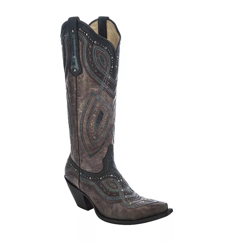Ladies’ Corral Dark Chocolate w / Grey Overlay & Studs Boots
