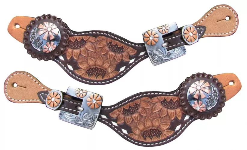 LADIES SUNFLOWER TOOLED SPUR STRAPS