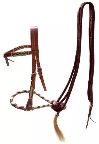 LEATHER FUTURITY KNOT HEADSTALL WITH BROWN RAWHIDE BOSAL