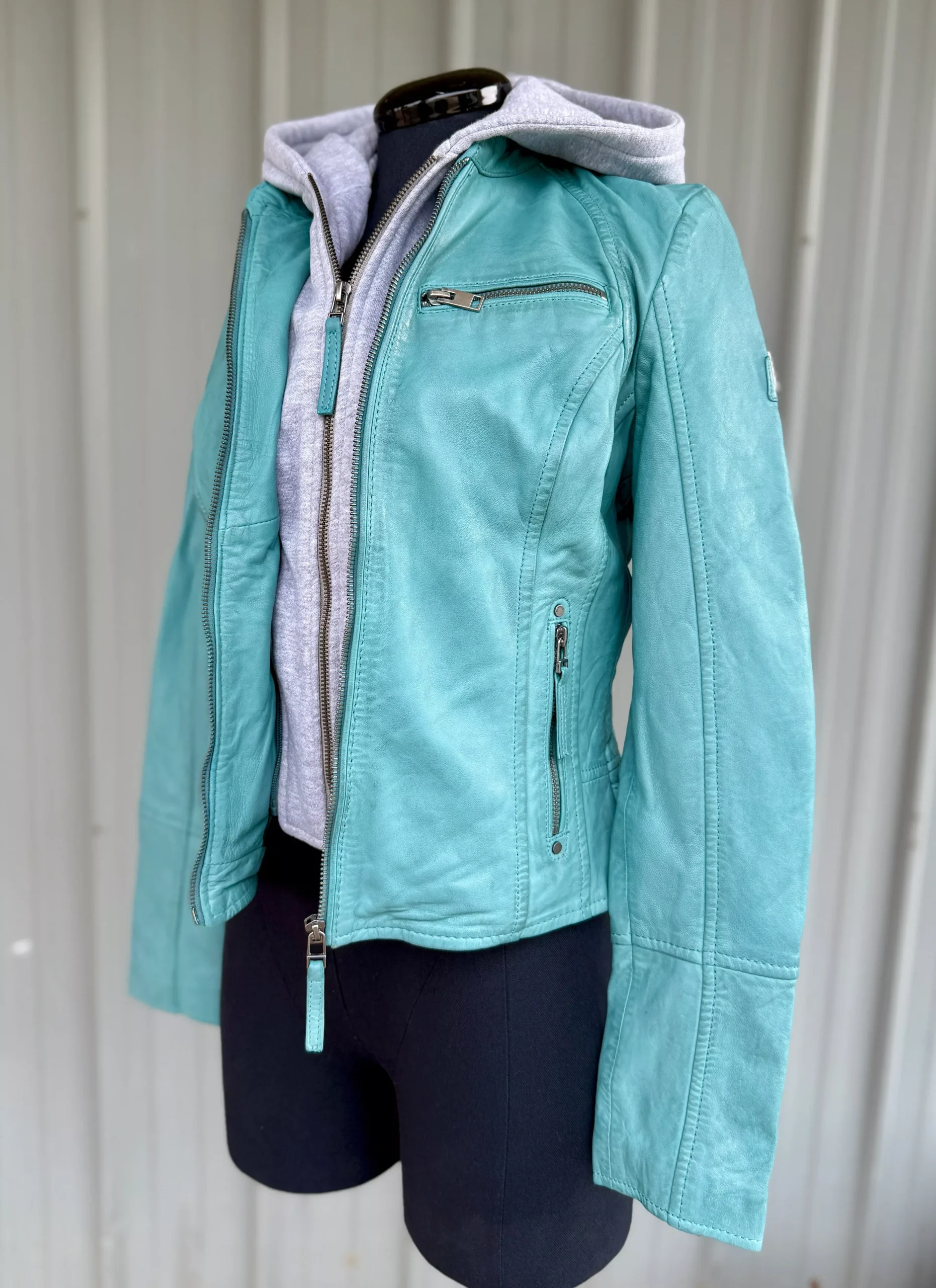 Mauritius Turquoise Nola Leather Jacket with Hoodie
