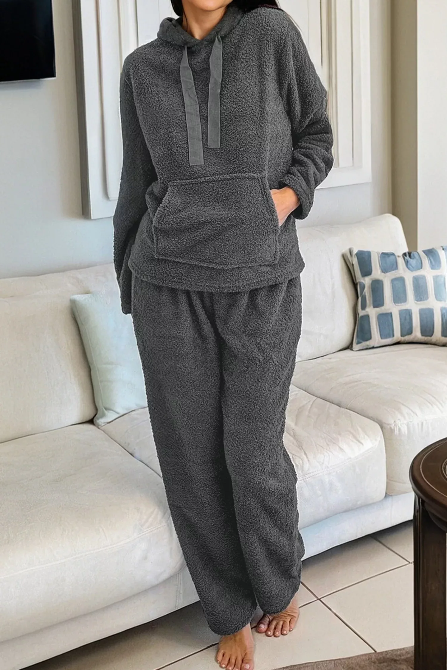 Medium Grey Fuzzy Drawstring Hoodie Lounge Pants 2pcs Set
