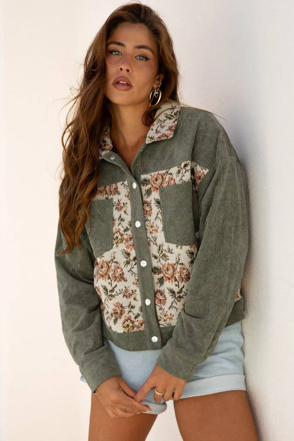 Medium Grey Ribbed Retro Floral Patchwork Shirt Style Jacket