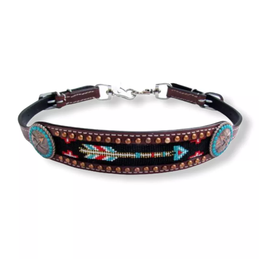 Medium leather wither strap with arrow beaded inlay