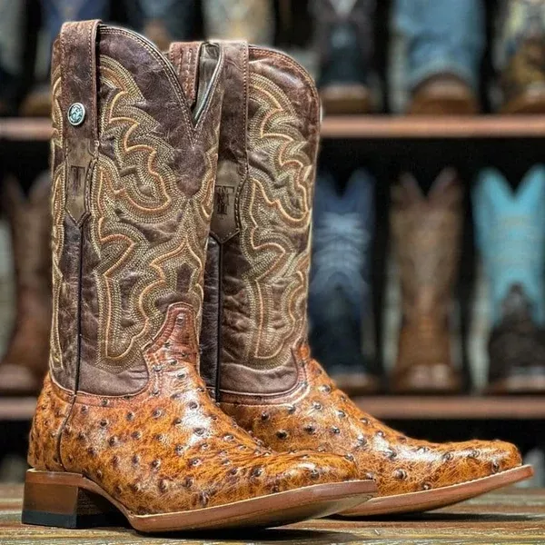 Men's Cognac Brown Ostrich Print Cowboy Boot