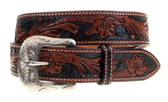 Men's Cognac Floral Tooled Belt with Black Background