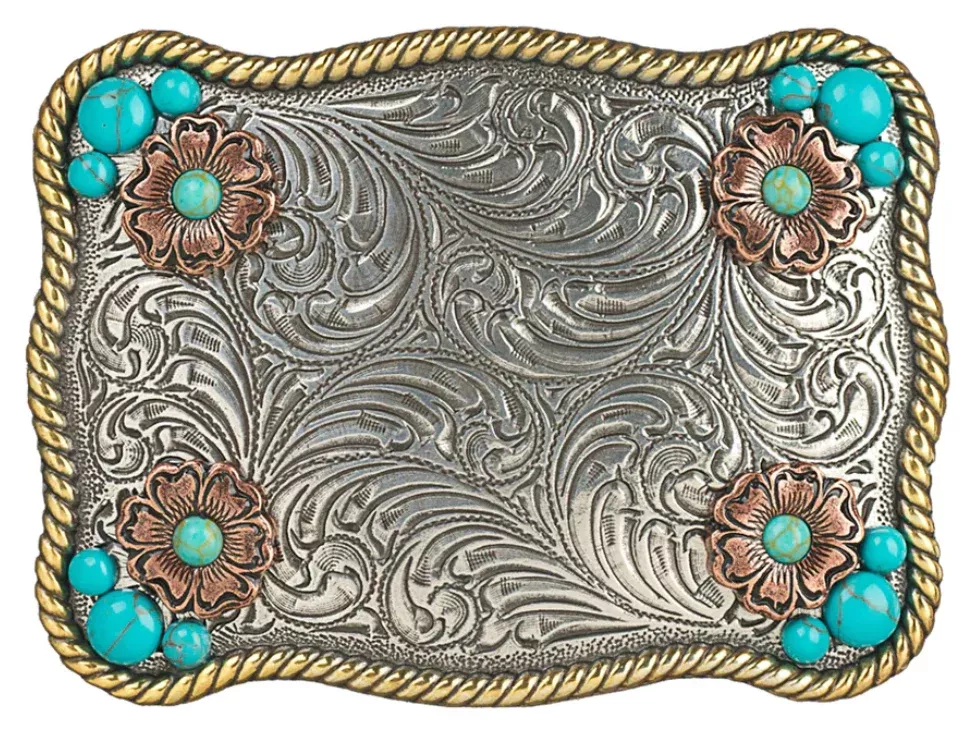 Nocona Ladies Rectangle Buckle Flower Accent Turquoise Stones