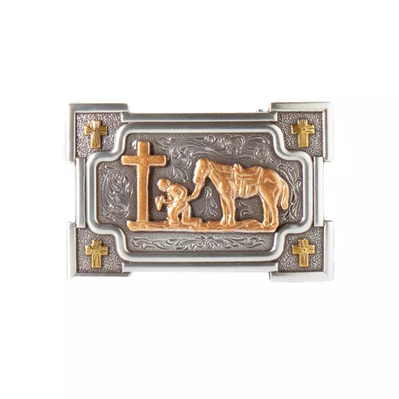 **Nocona Men's Rectangle Smooth Praying Cowboy Buckle - Silver/Gold