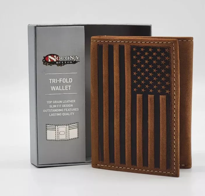 Nocona Mens Trifold Style Wallet Embossed Flag Brown