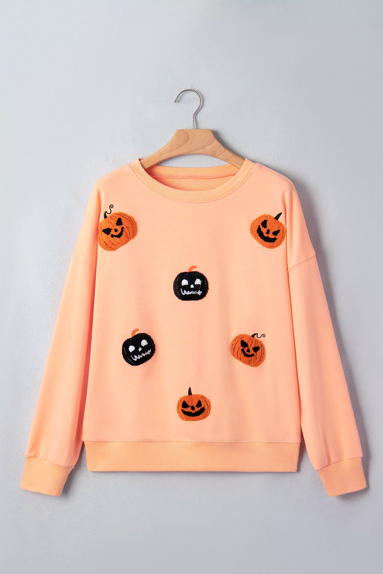 Orange Embroidered Pumpkin Face Drop Shoulder Sweatshirt