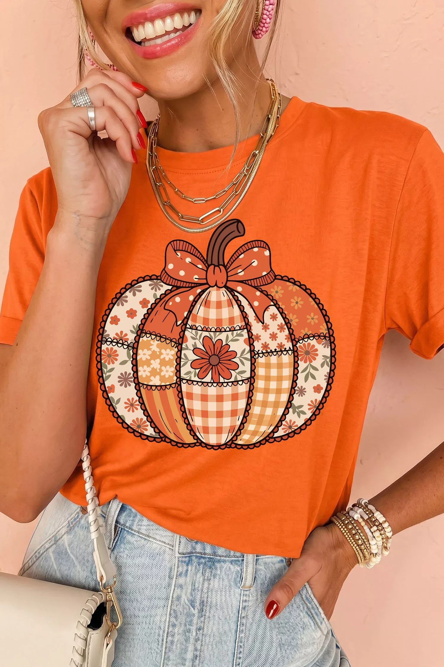 Orange Patchwork Pumpkin Graphic Print CrewneckT-Shirt
