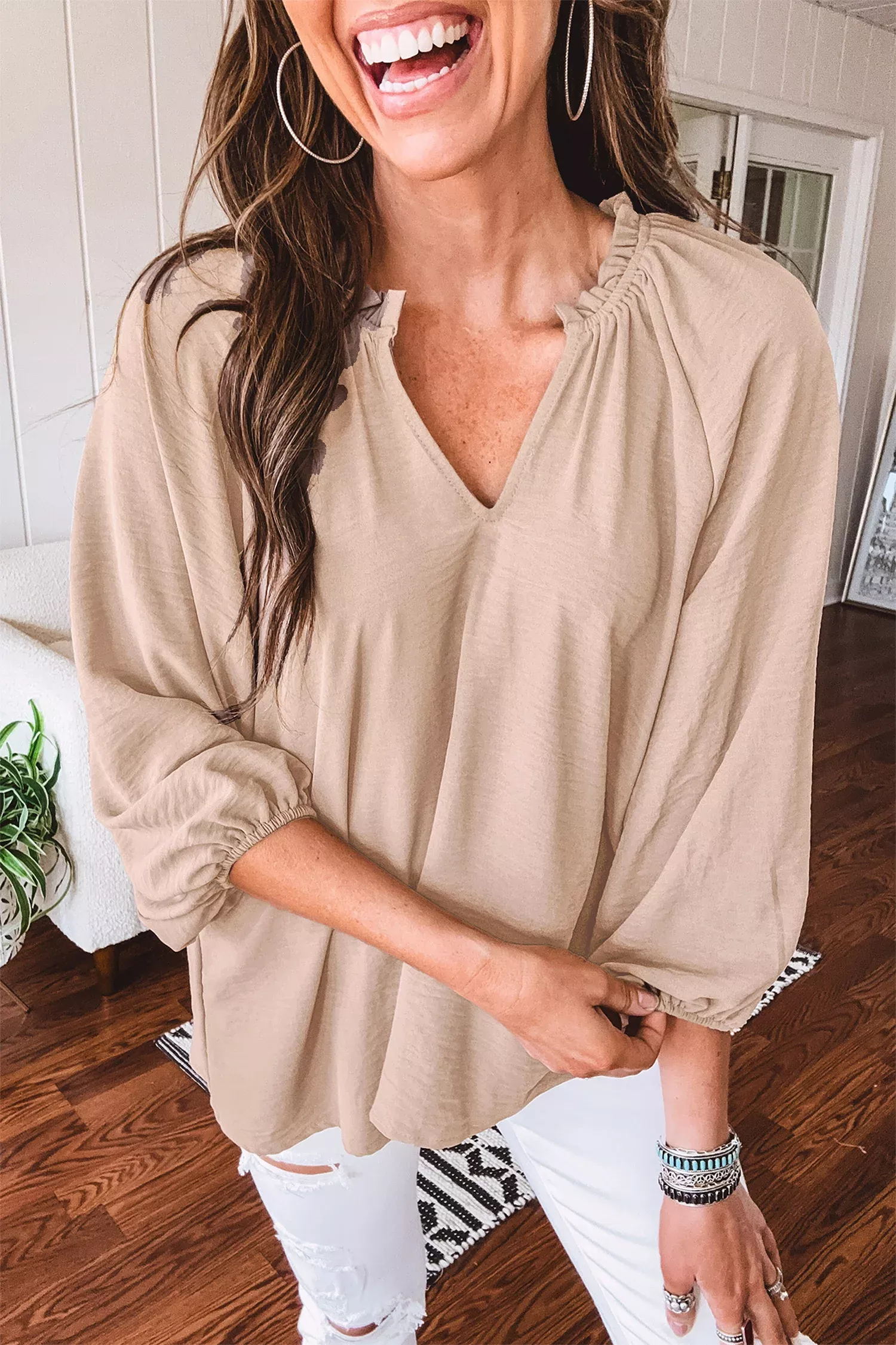 Parchment V Neck Gathered Cuff Three Quarter Sleeve Blouse