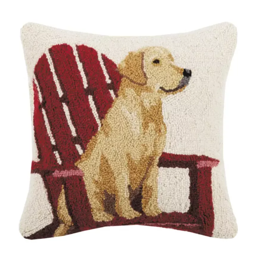 Peking Handicraft - Hook Pillow - Retriever Dog w/ Adirondack