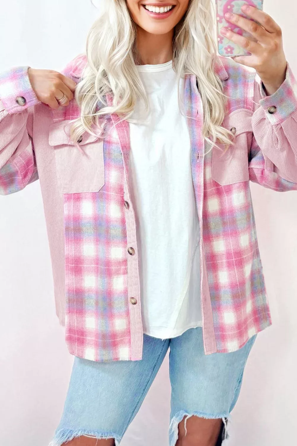 Pink Brushed Plaid Corduroy Flap Pockets Patchwork Shacket