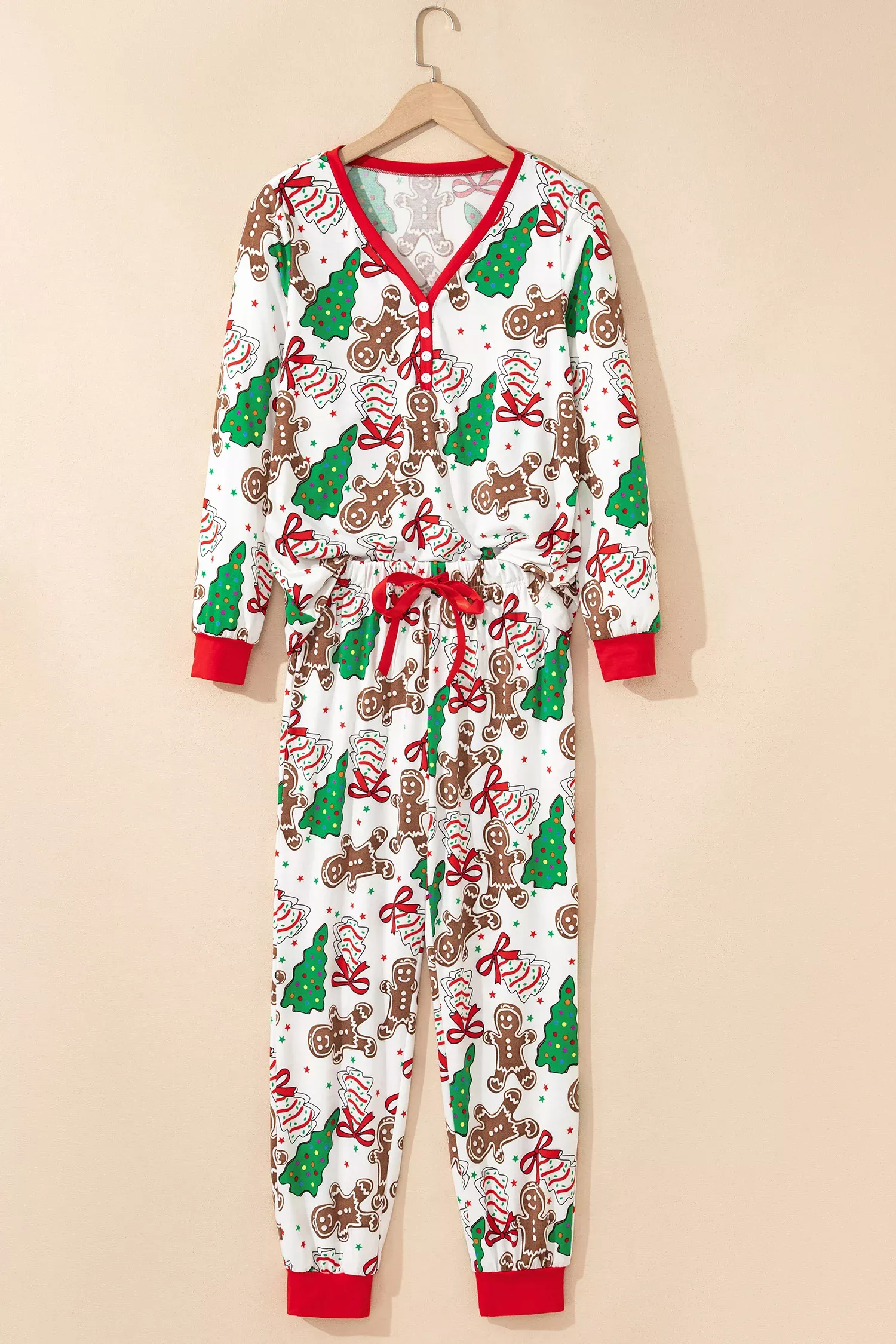 Pink Christmas Pattern Button V Neck Pullover Drawstring Pants 2pcs Lounge Set