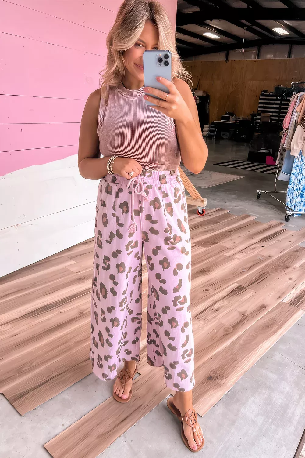 Pink Drawstring Leopard Print Patch Pocket Loose Pants