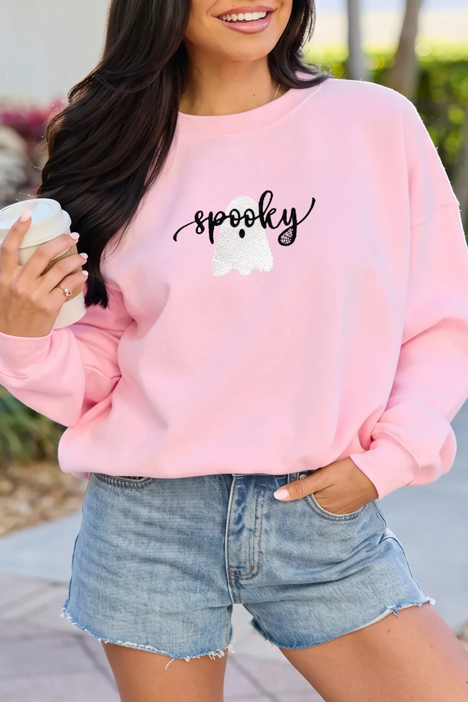 Pink Embroidered Ghost Halloween Graphic Sweatshirt