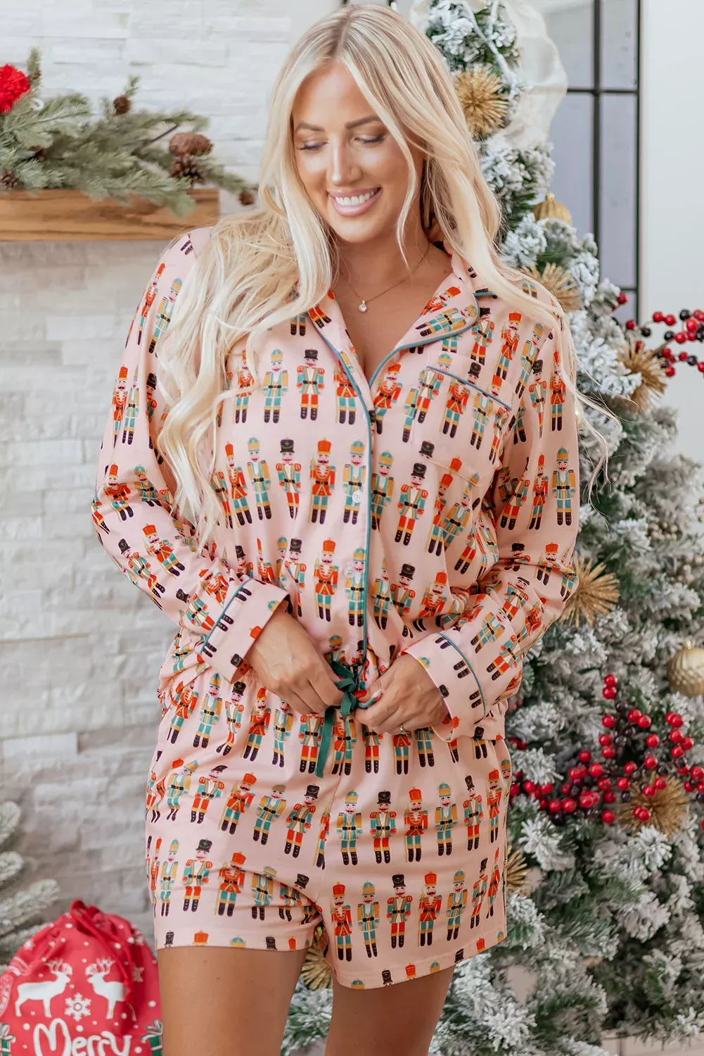Pink Nutcracker March Long Sleeve Button Up 2pcs Pajama Short Set