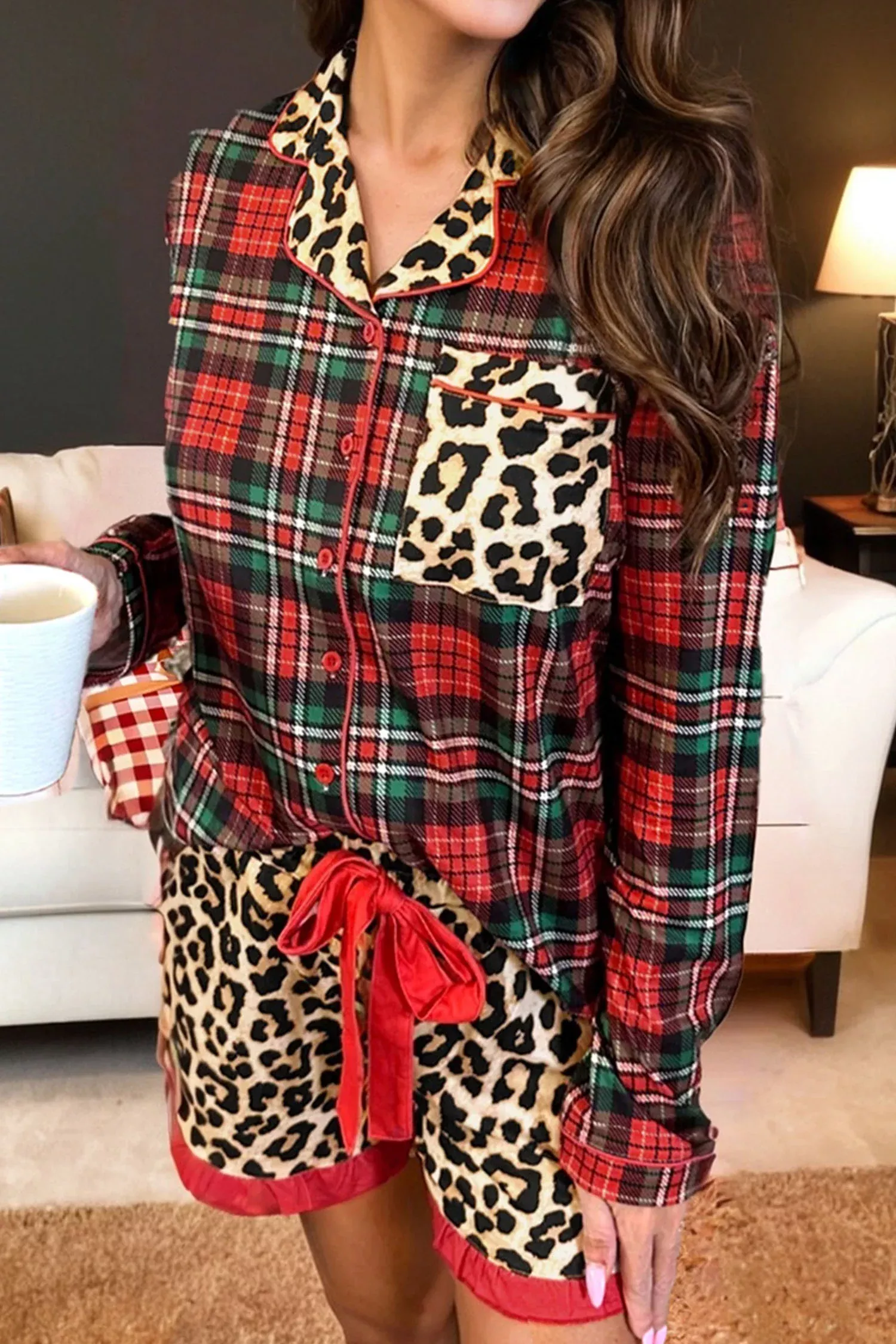 Racing Red Retro Plaid Leopard Print Patchwork Long Sleeve Shorts Pajama Set